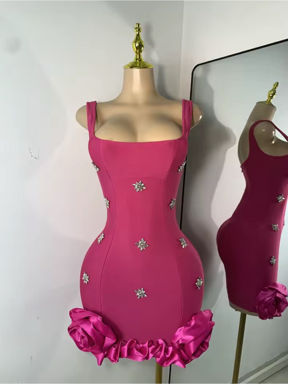 Hot Pink Embellished Ruffle Hem Bodycon Dress